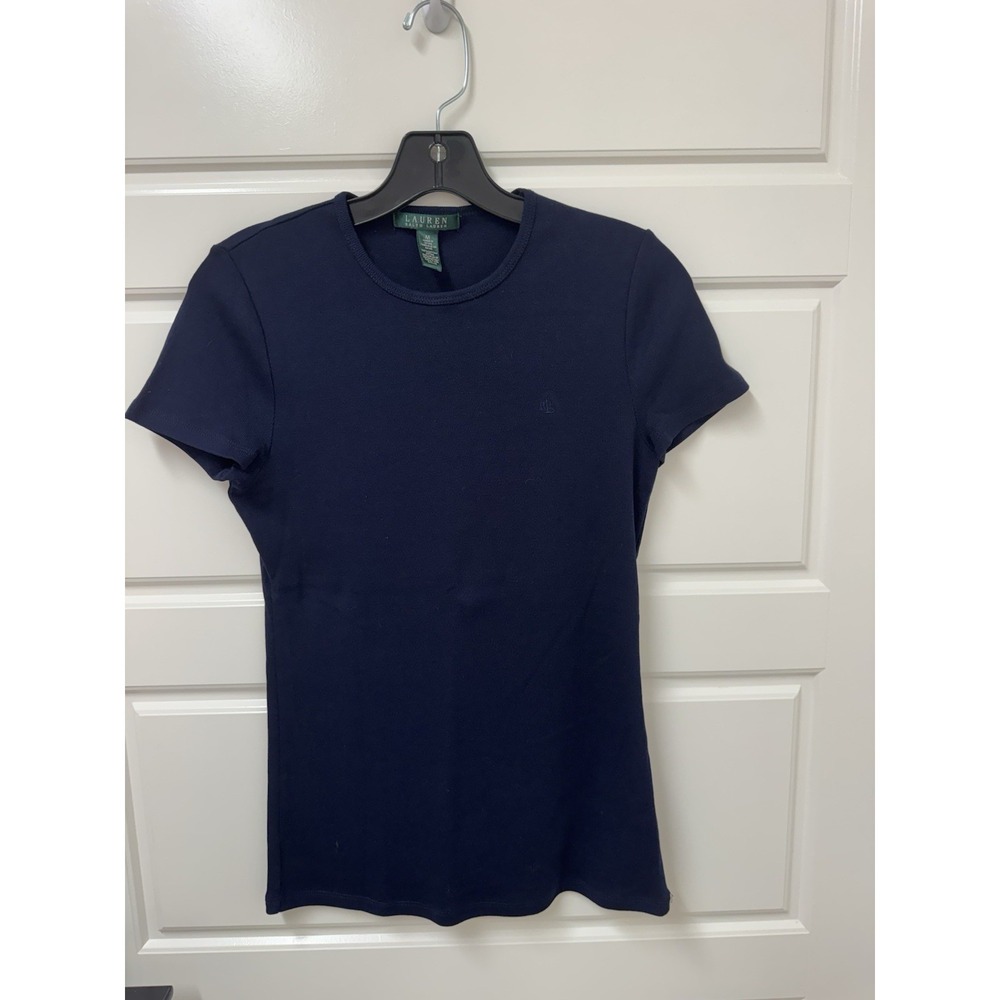 Lauren Ralph Lauren Navy Blue Knit Top Logo Women Medium Short Sleeve A12